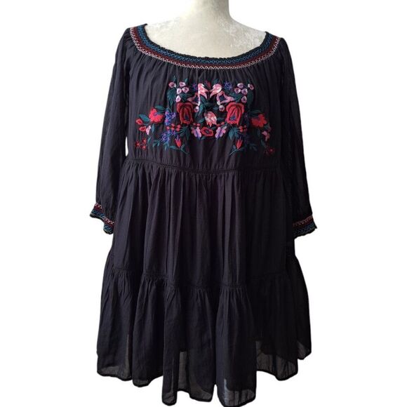 Free People Sunbeam Black Embroidered Off Shoulder Boho Peasant Tunic Dress M - Picture 4 of 9